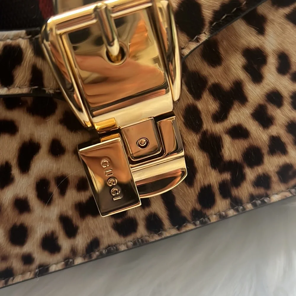💯% Auth GUCCI Leather Bag - Sylvie Calf Hair Harako Leopard Print Shoulder Bag